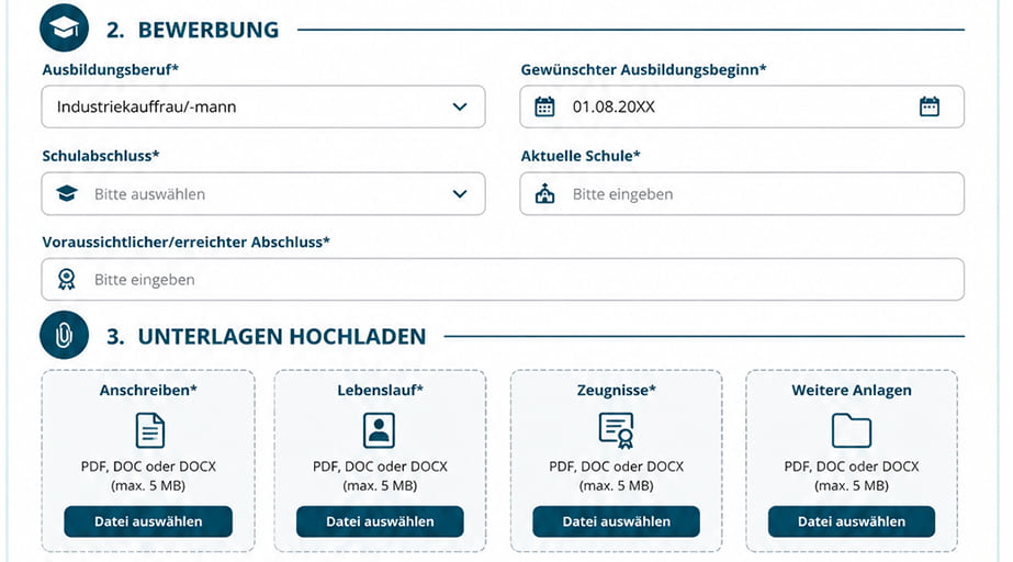 Beispielbild Bewerbungsformular: Bewerbungsdetails ausfüllen und Bewerbungsunterlagen hochladen